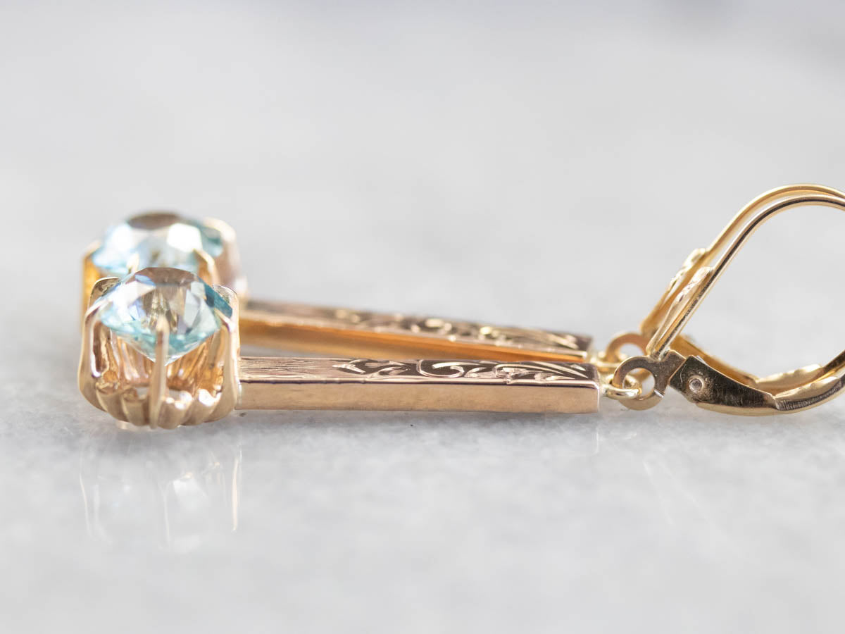 Blue Zircon Ornate Gold Bar Drop Earrings