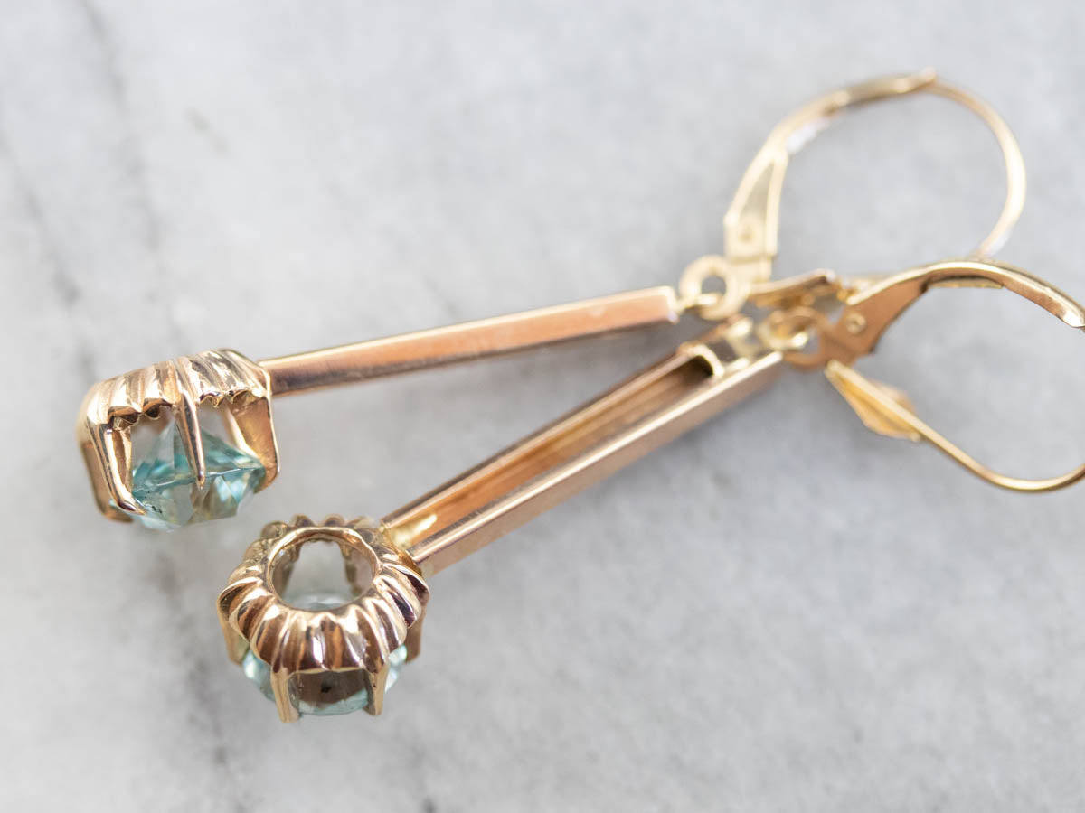 Blue Zircon Ornate Gold Bar Drop Earrings