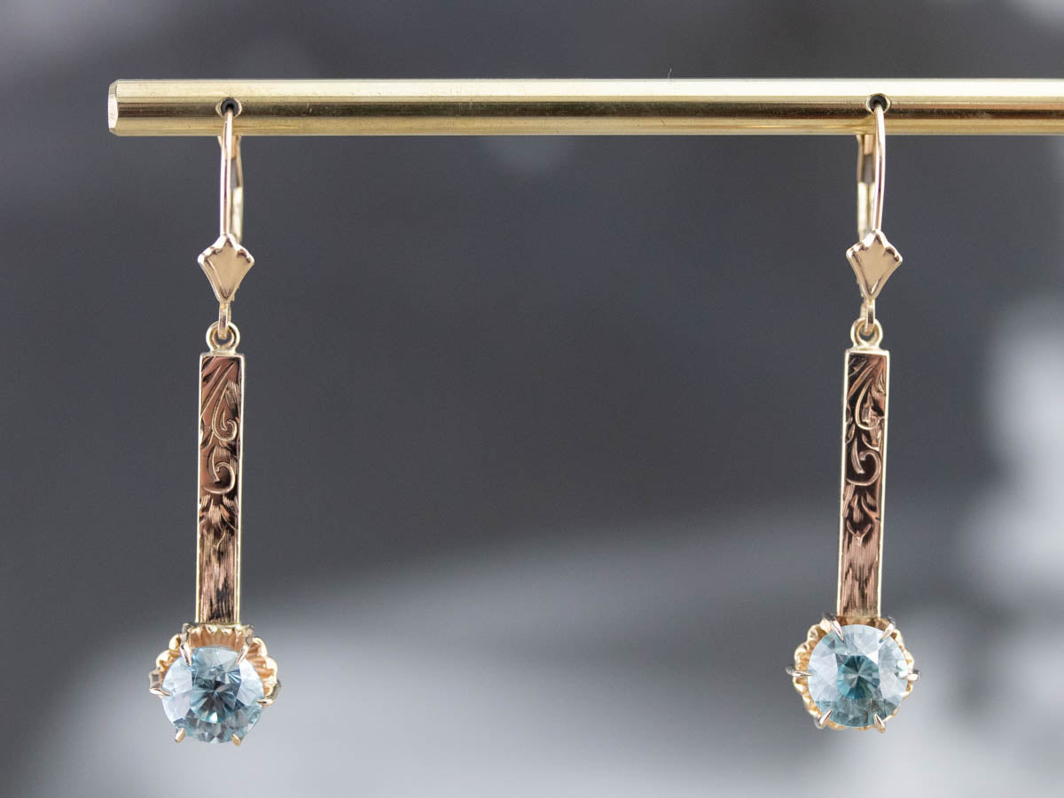 Blue Zircon Ornate Gold Bar Drop Earrings