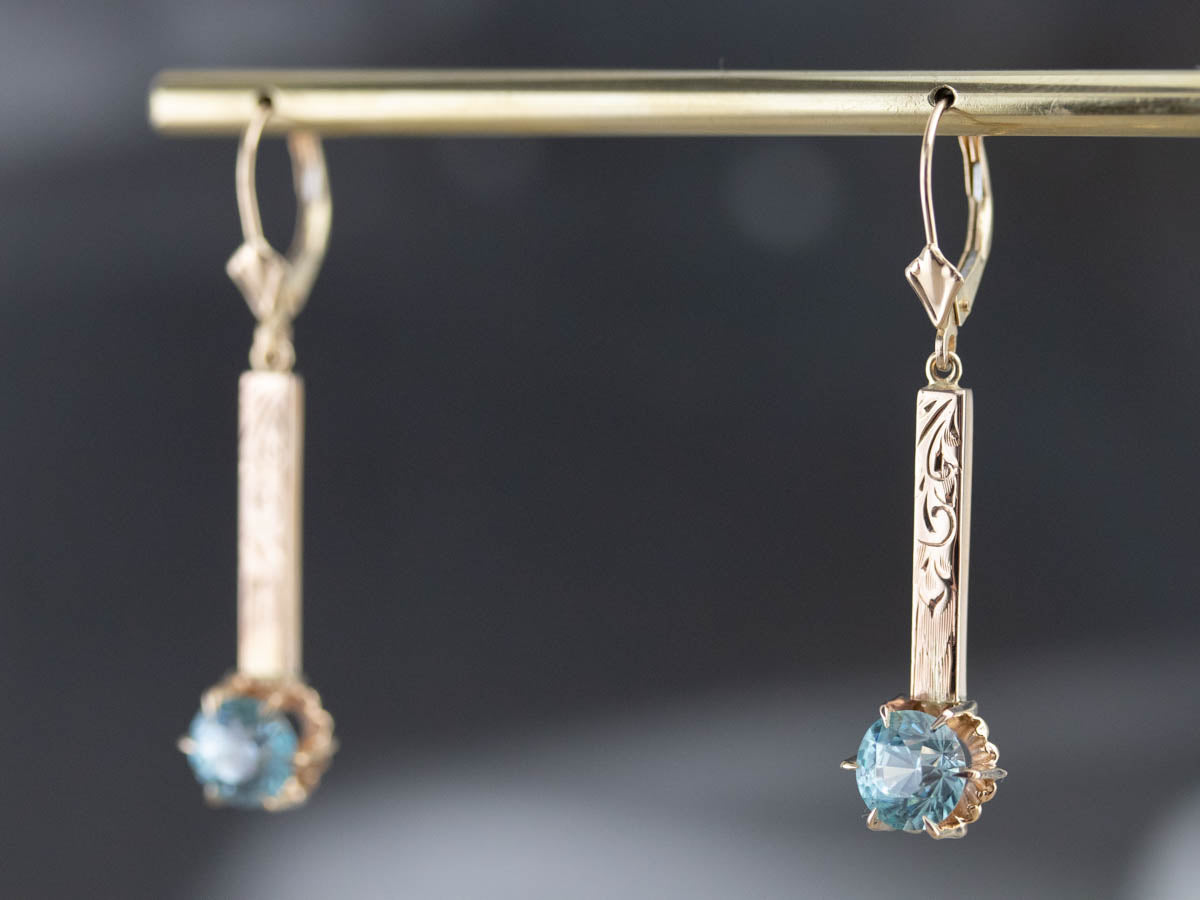 Blue Zircon Ornate Gold Bar Drop Earrings