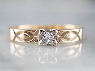 Two Tone Gold Vintage Diamond Solitaire Engagement Ring