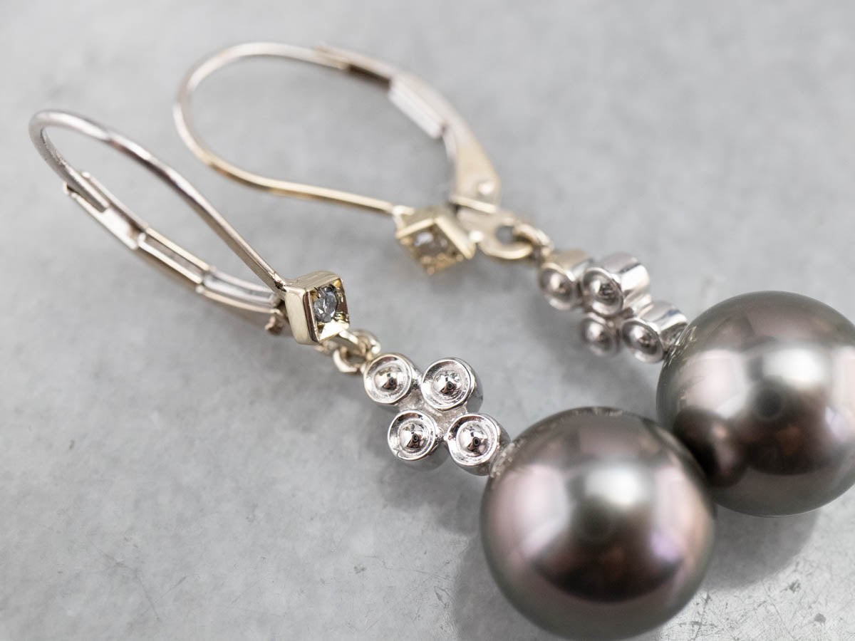 Gray Pearl and Diamond Drop Earrings