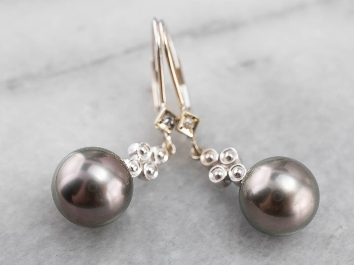 Gray Pearl and Diamond Drop Earrings