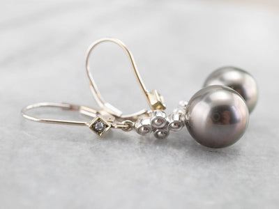 Gray Pearl and Diamond Drop Earrings