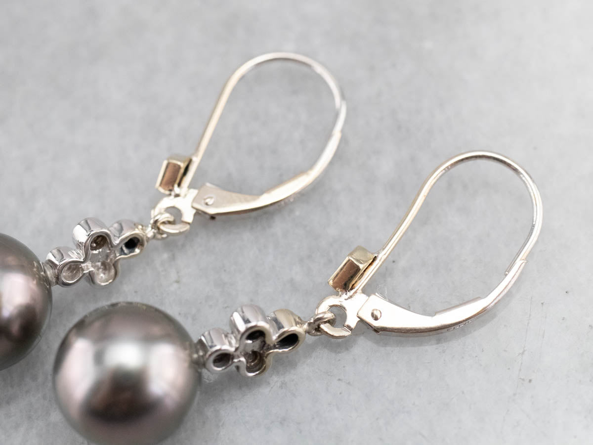 Gray Pearl and Diamond Drop Earrings