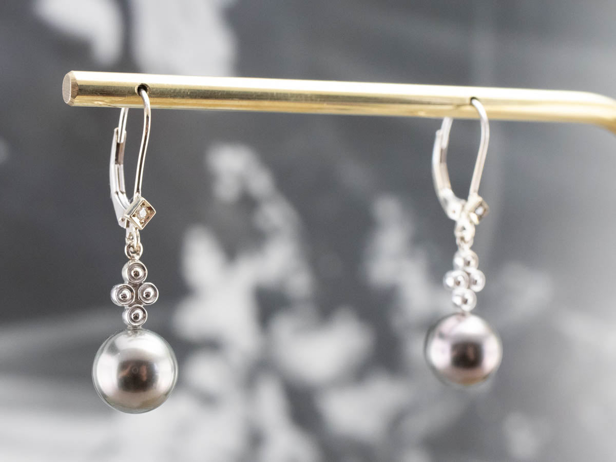 Gray Pearl and Diamond Drop Earrings