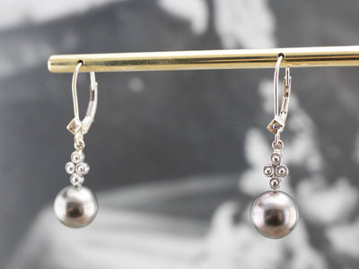 Gray Pearl and Diamond Drop Earrings
