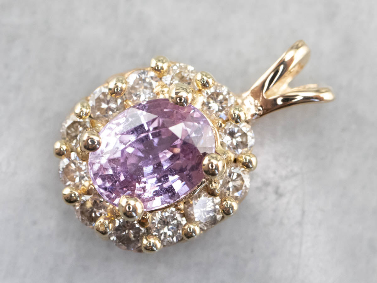 Pink Sapphire Diamond Halo Gold Pendant