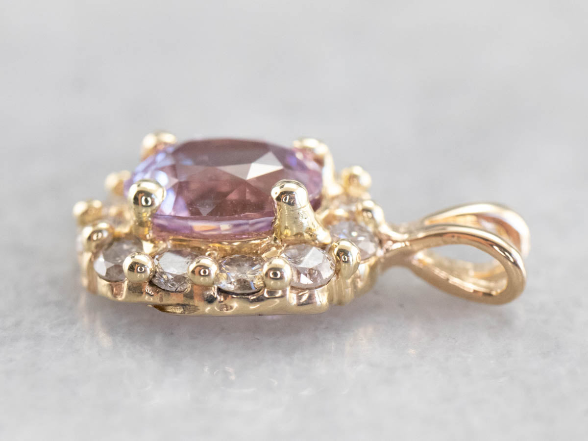 Pink Sapphire Diamond Halo Gold Pendant