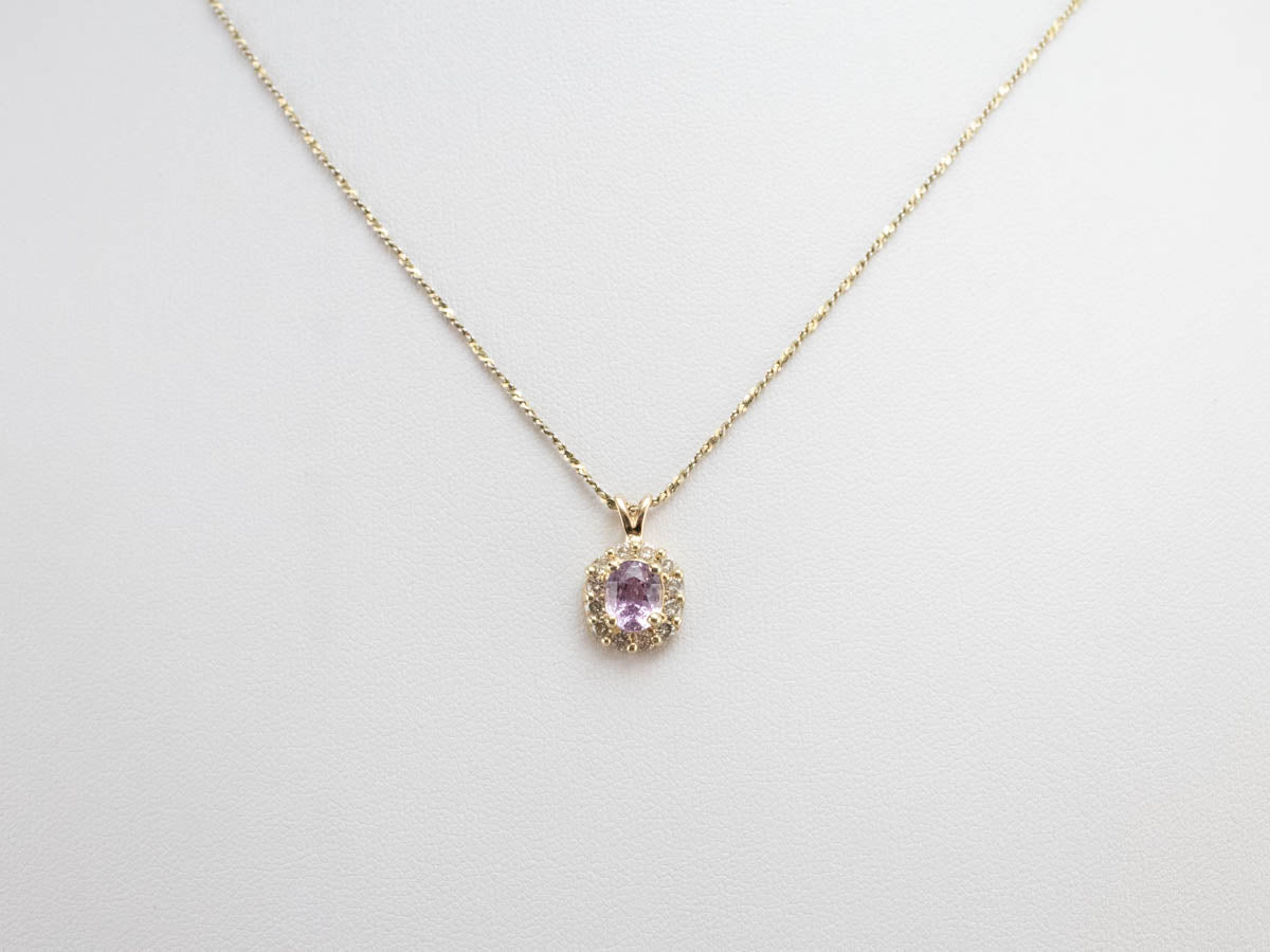 Pink Sapphire Diamond Halo Gold Pendant