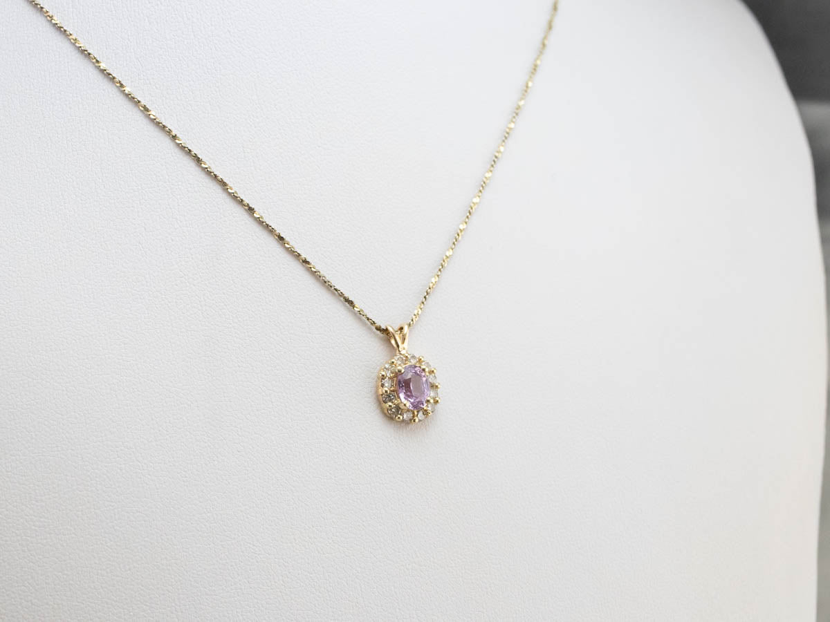 Pink Sapphire Diamond Halo Gold Pendant