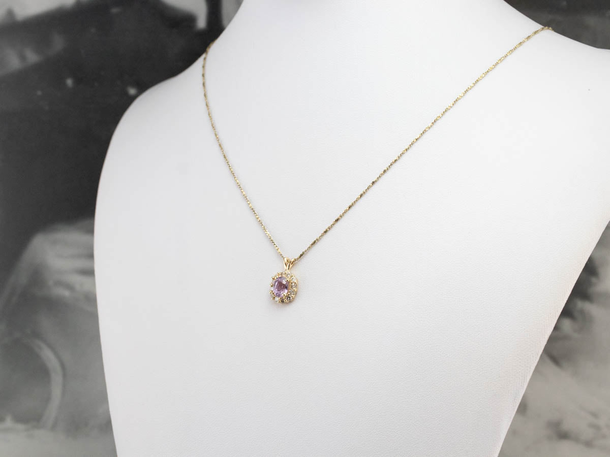 Pink Sapphire Diamond Halo Gold Pendant