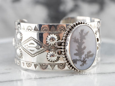 Dendritic Agate Silver Patterned Cuff Bracelet