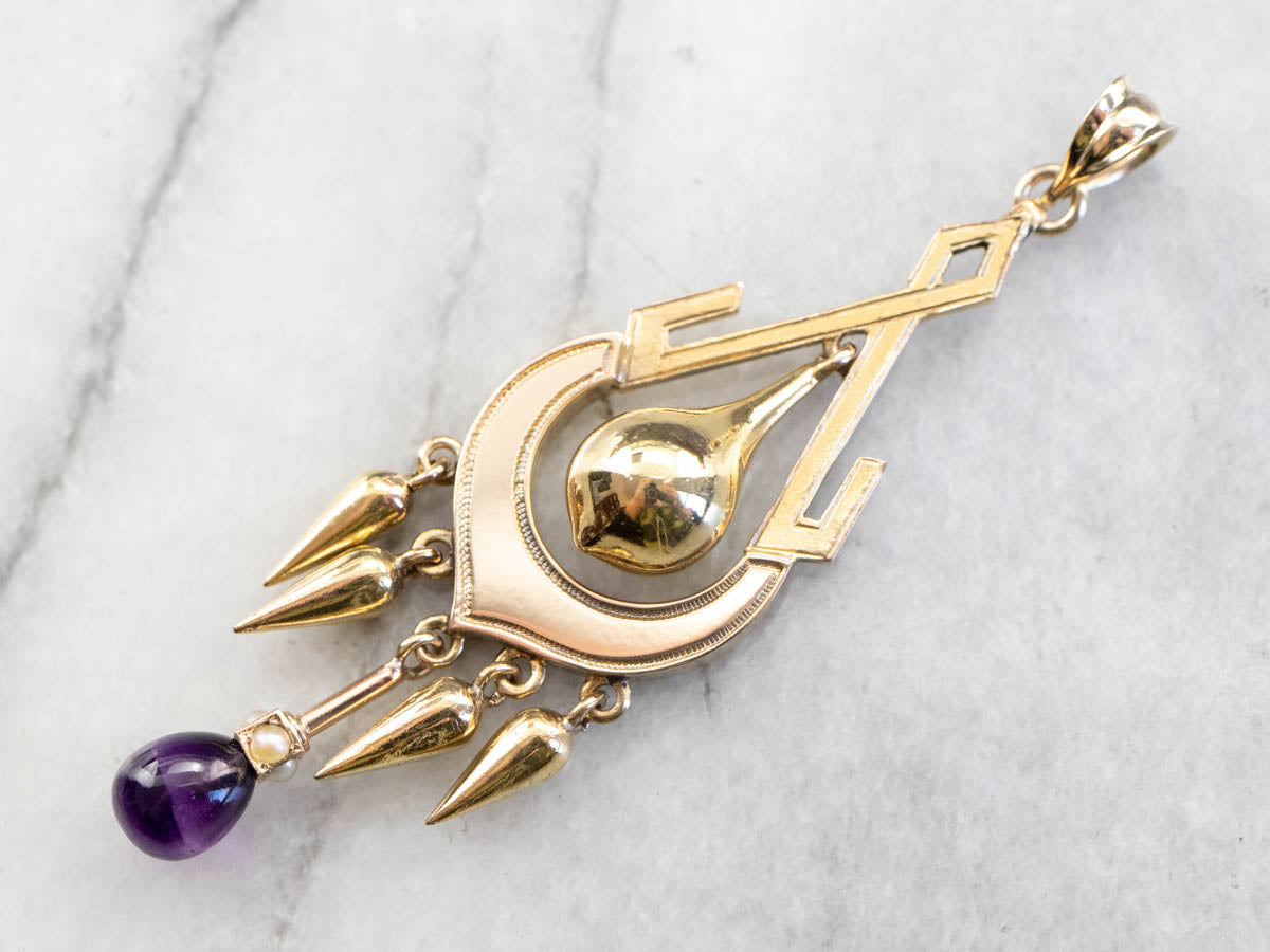 Amethyst and Seed Pearl Gold Tassel Pendant