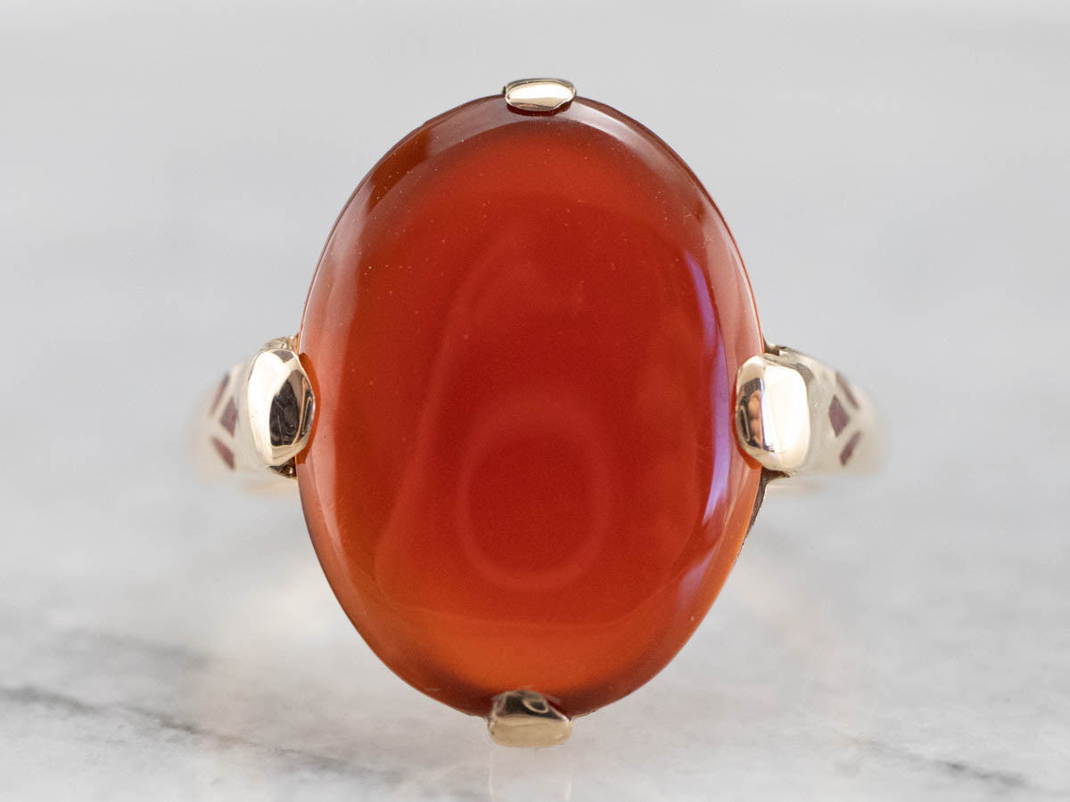F & F Felger Carnelian Ring with Floral Inlay
