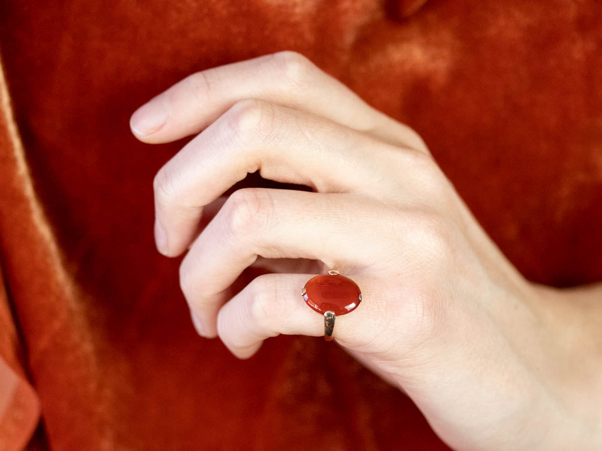 F & F Felger Carnelian Ring with Floral Inlay