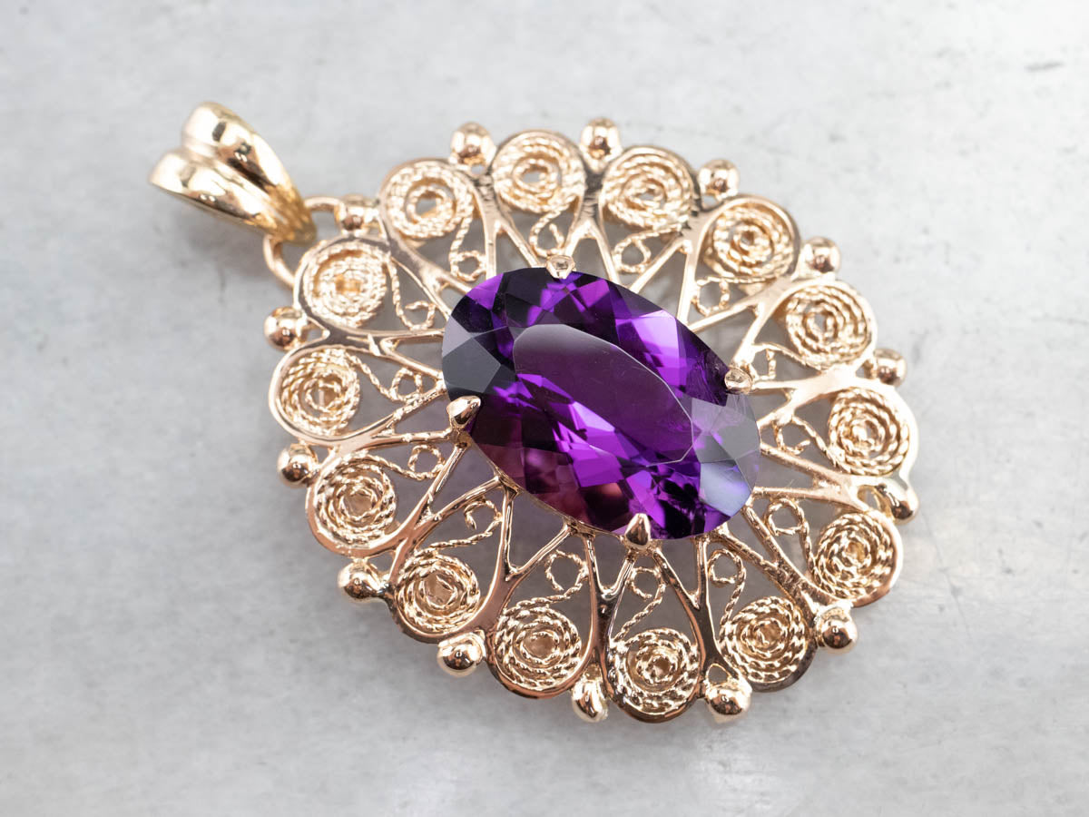 Ornate Amethyst Gold Filigree Statement Pendant