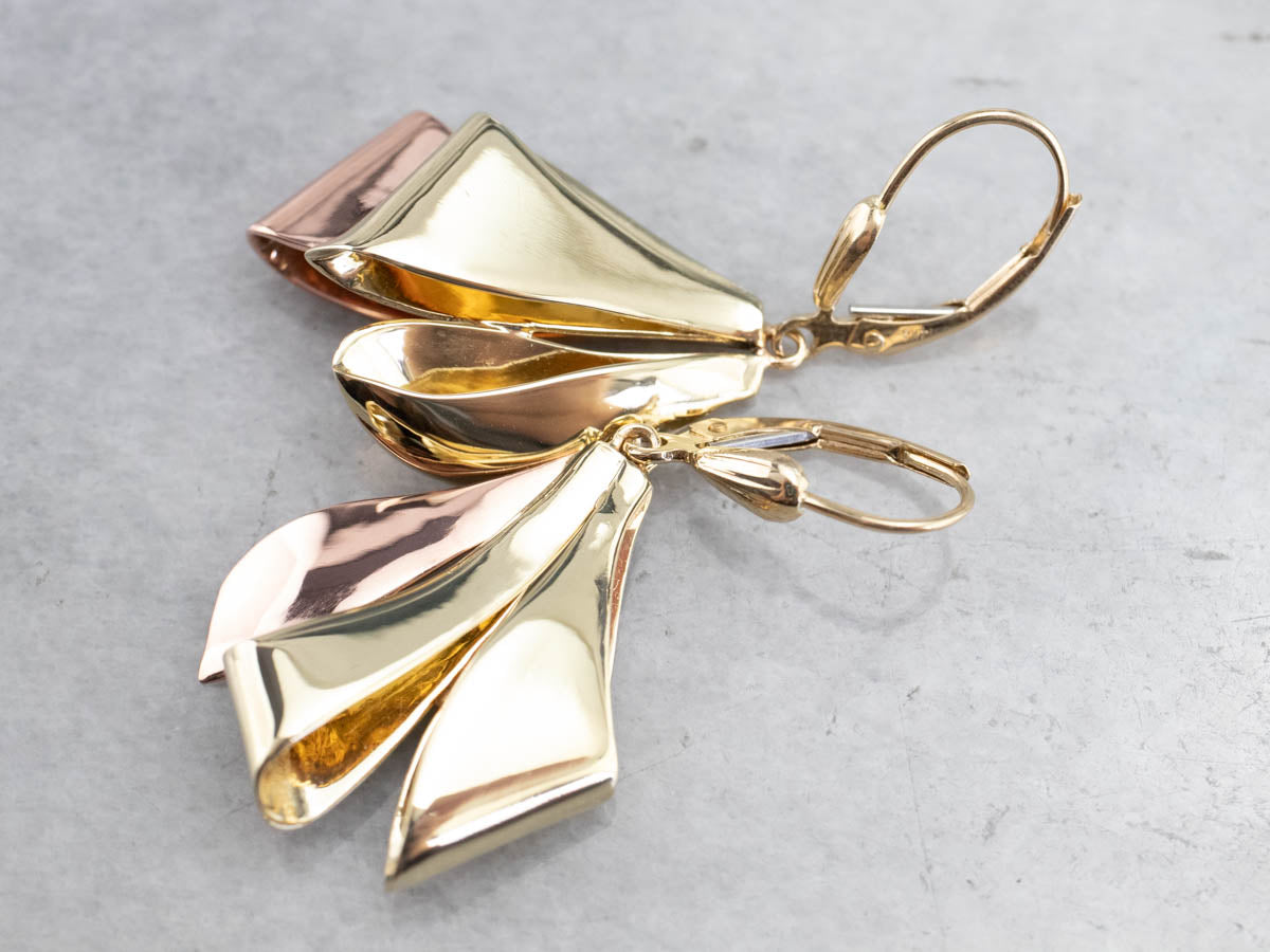 Two Tone Gold Ribbon Drop Earrings