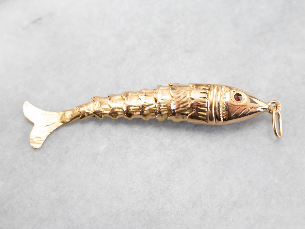 Garnet Eyed Gold Articulated Wiggle Fish Pendant