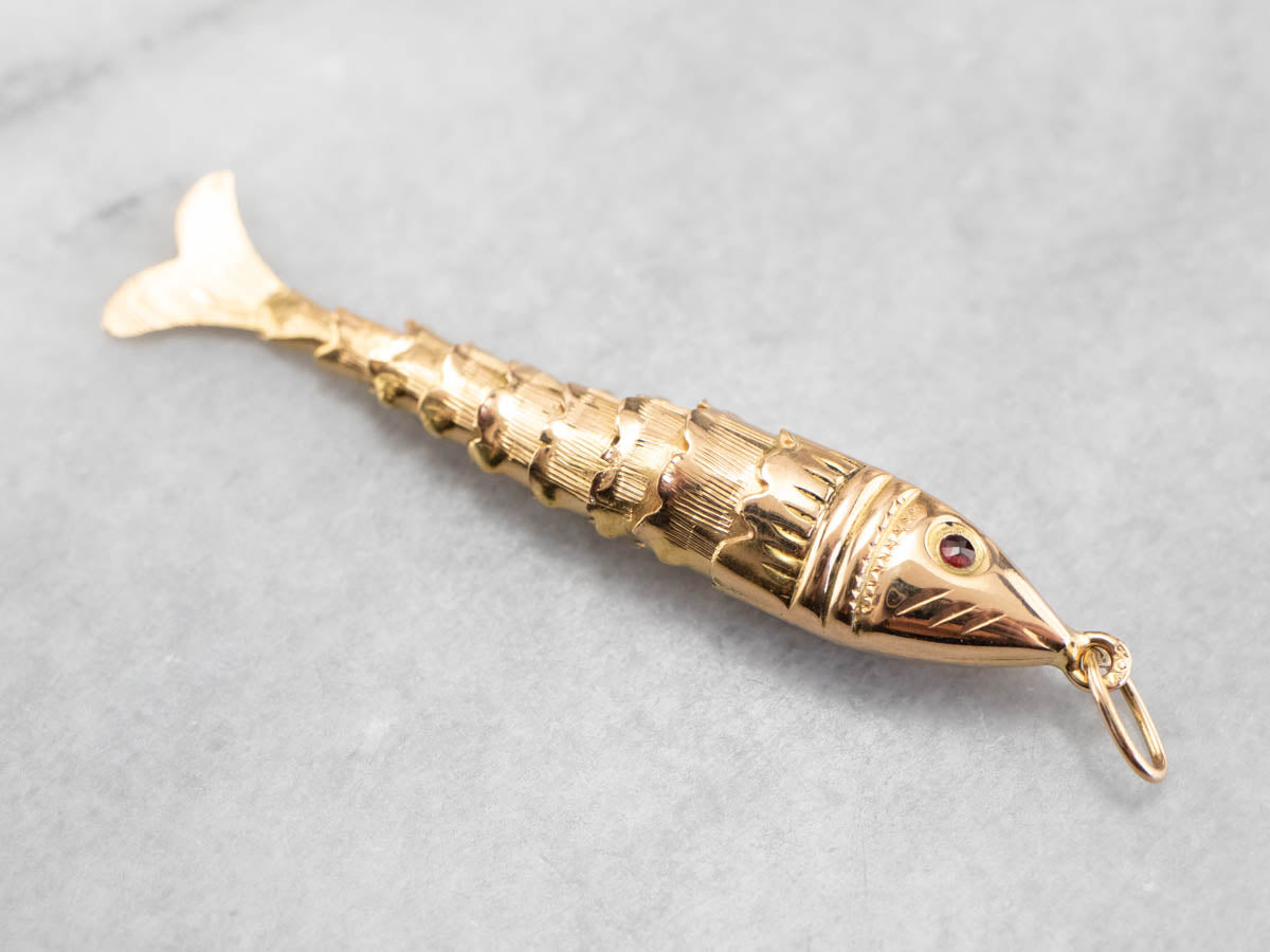 Garnet Eyed Gold Articulated Wiggle Fish Pendant