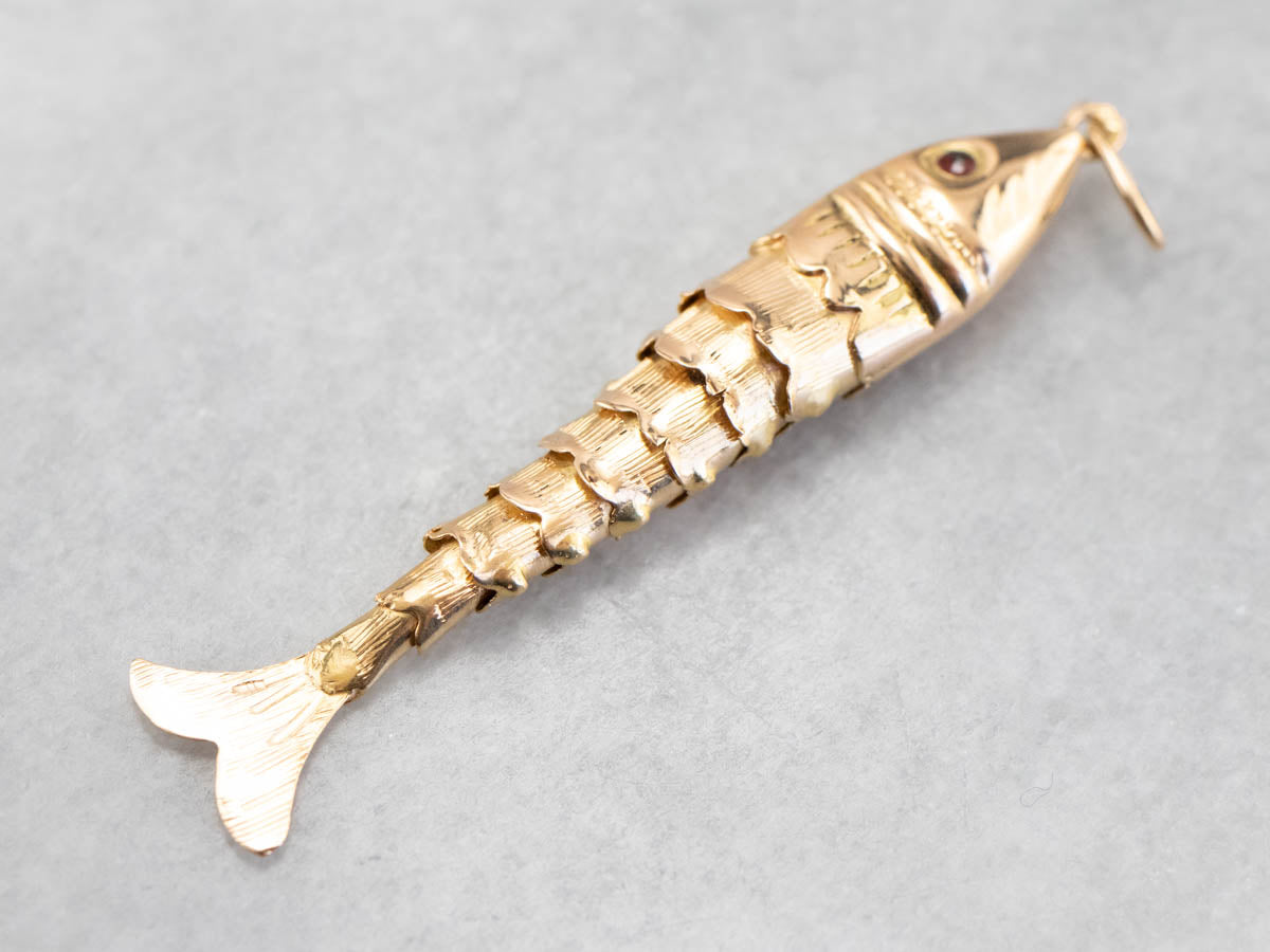 Garnet Eyed Gold Articulated Wiggle Fish Pendant