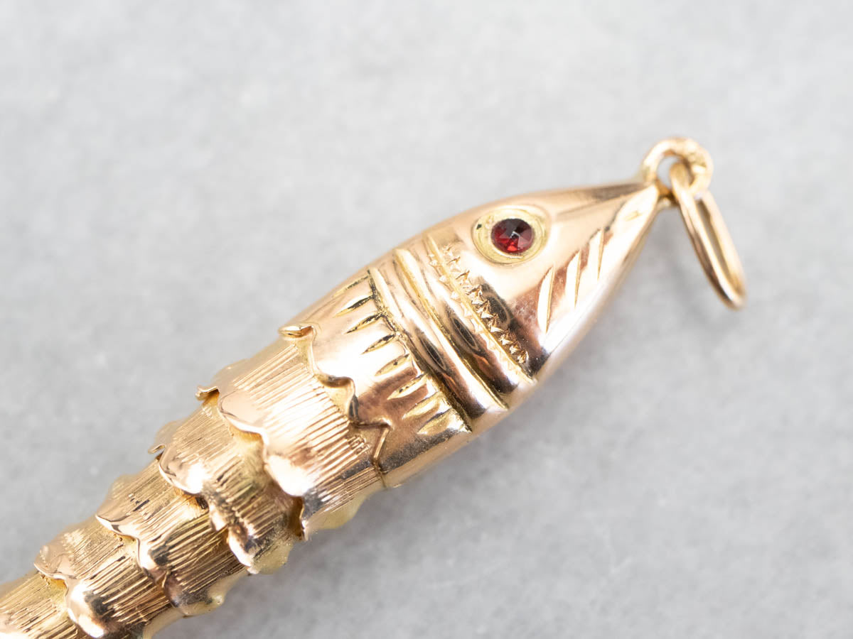 Garnet Eyed Gold Articulated Wiggle Fish Pendant
