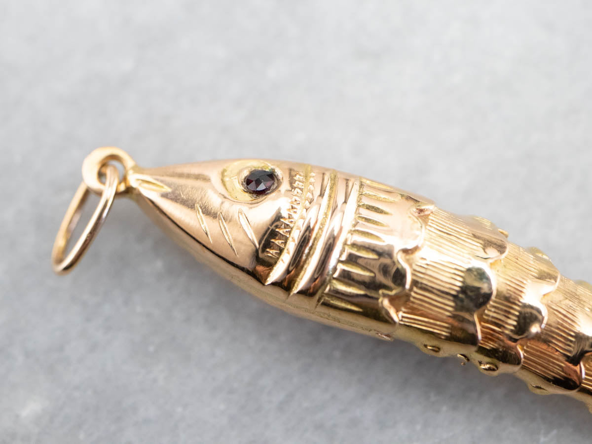 Garnet Eyed Gold Articulated Wiggle Fish Pendant