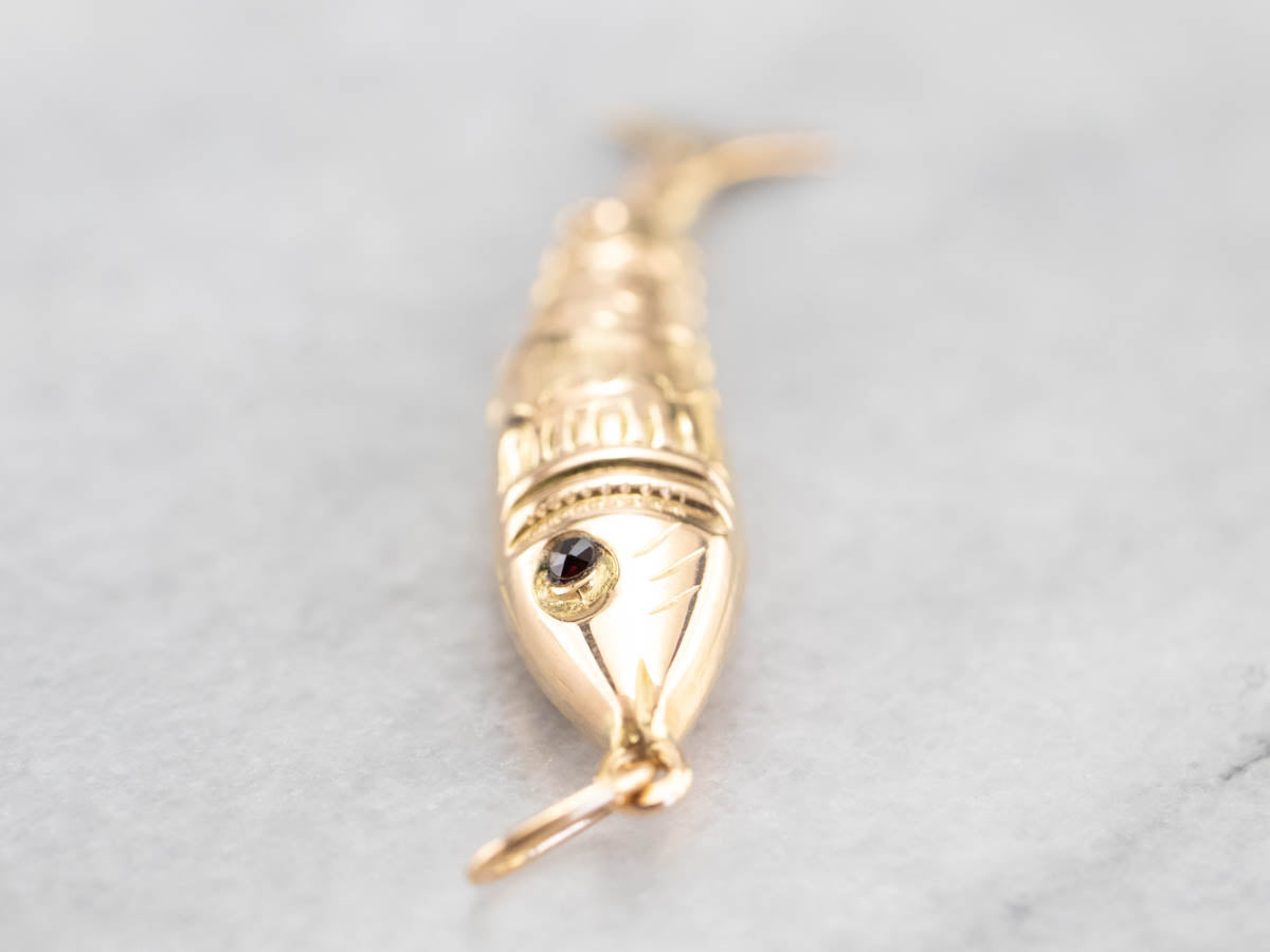 Garnet Eyed Gold Articulated Wiggle Fish Pendant