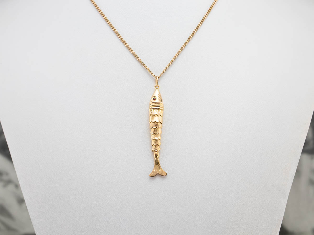 Garnet Eyed Gold Articulated Wiggle Fish Pendant