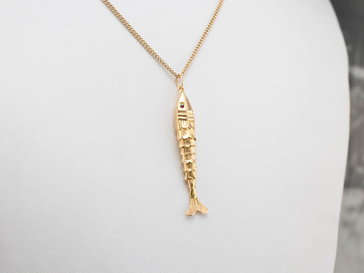 Garnet Eyed Gold Articulated Wiggle Fish Pendant