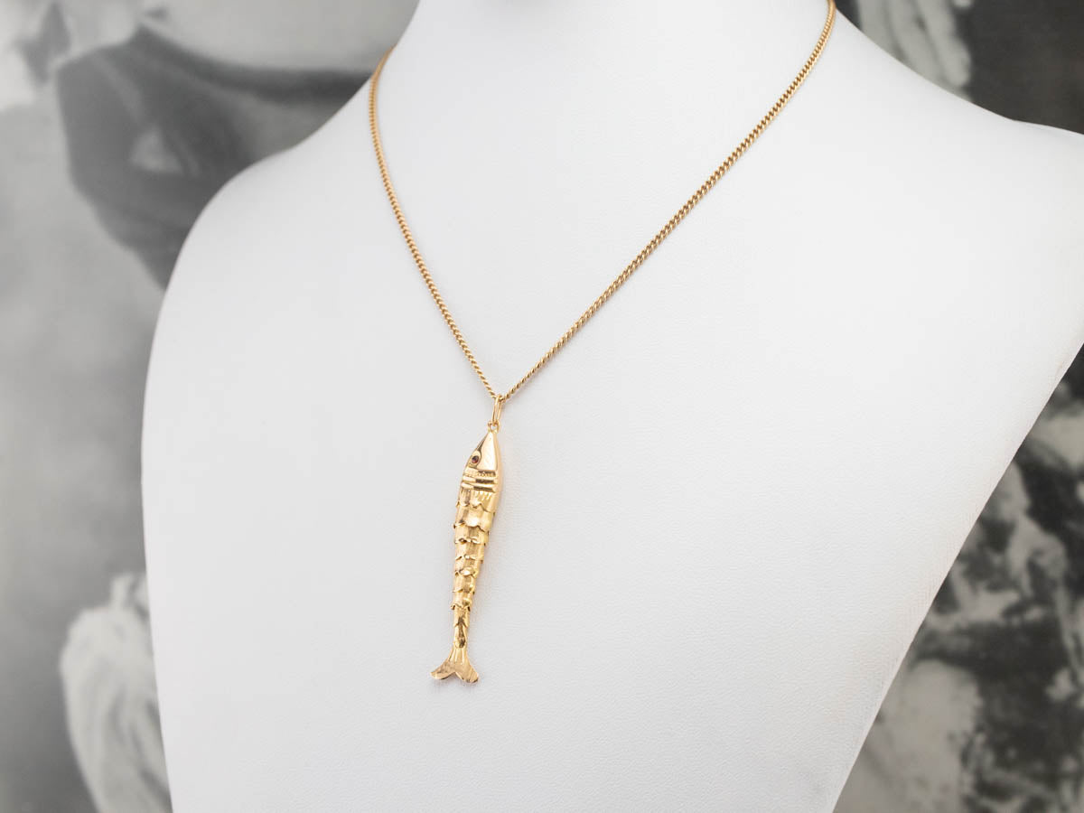 Garnet Eyed Gold Articulated Wiggle Fish Pendant