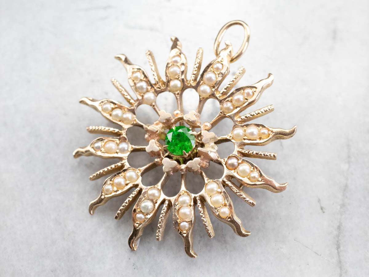 Antique Demantoid Garnet and Seed Pearl Brooch