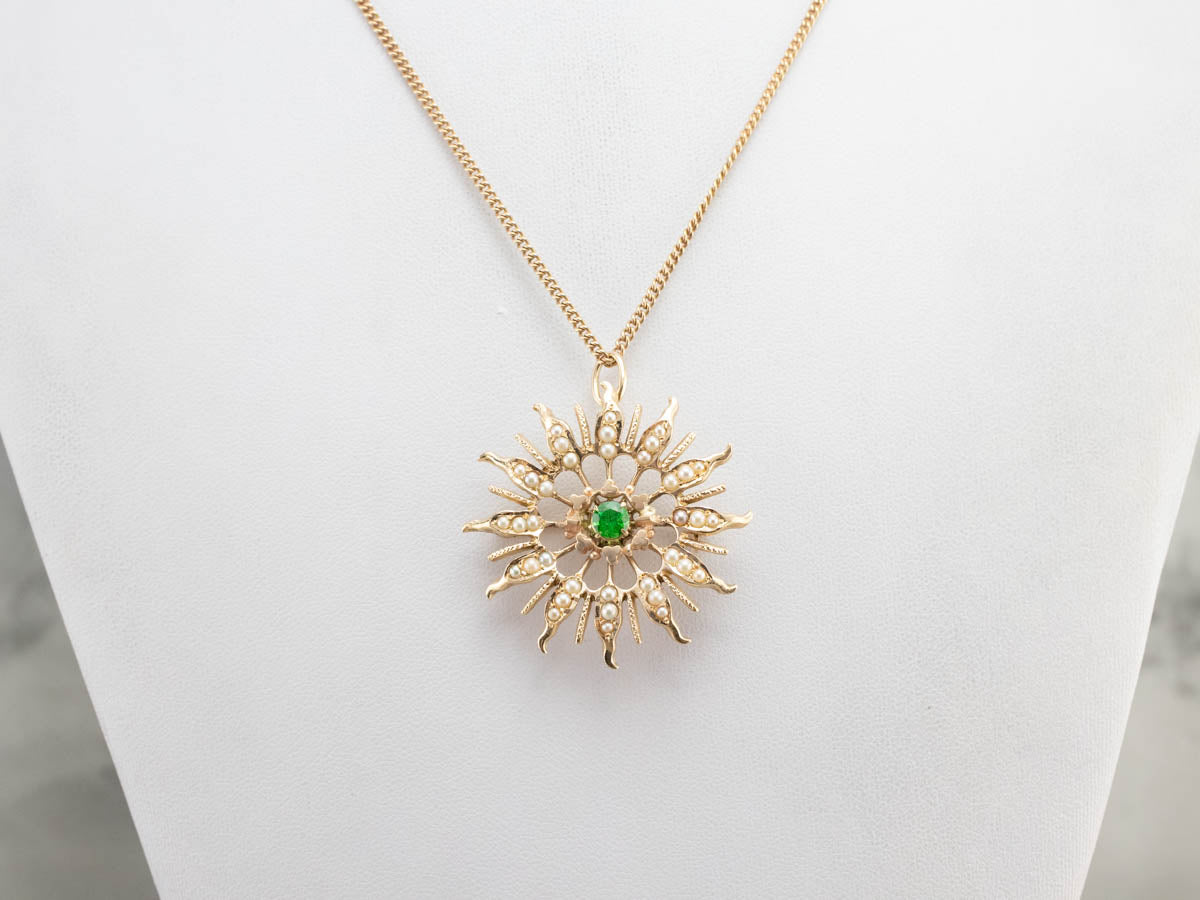 Antique Demantoid Garnet and Seed Pearl Brooch