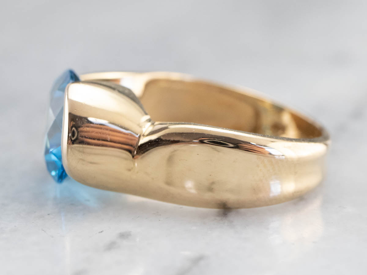 East to West Blue Topaz Modernist Gold Ring