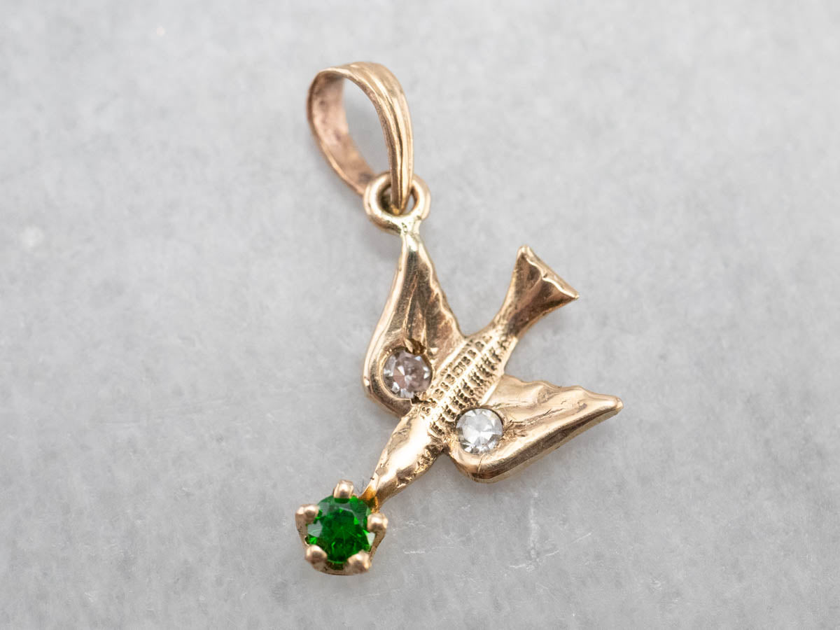 Antique Demantoid Garnet and Diamond Swallow Pendant