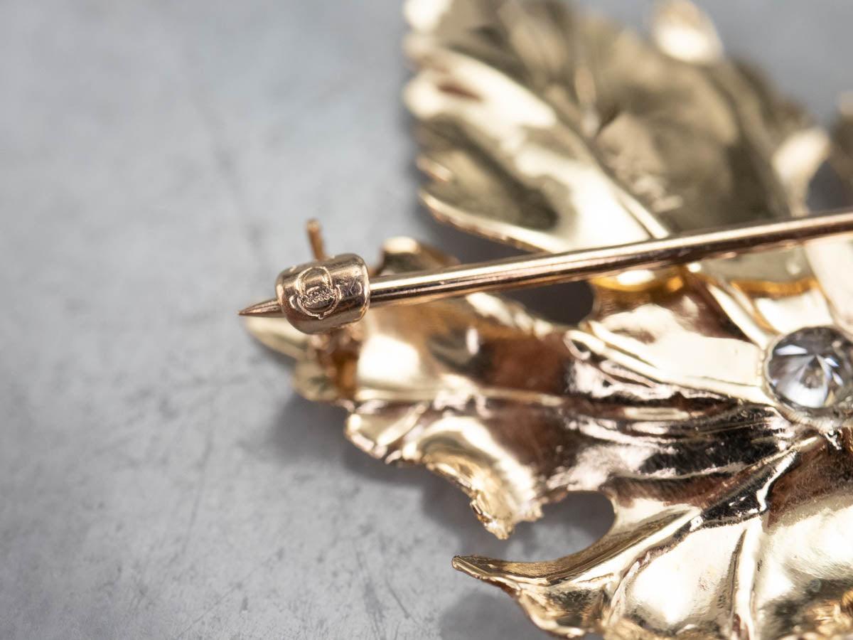 Gold Diamond Grape Leaf Brooch