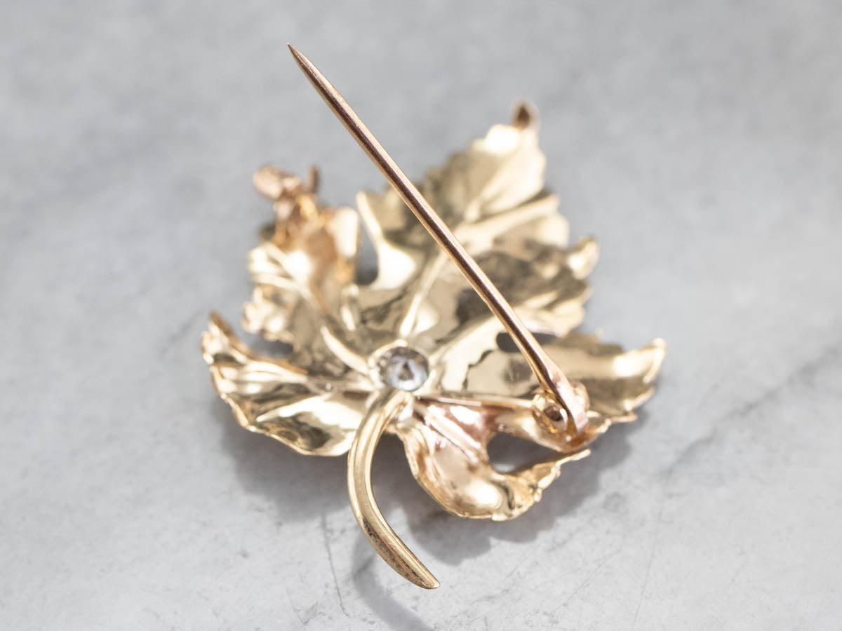 Gold Diamond Grape Leaf Brooch