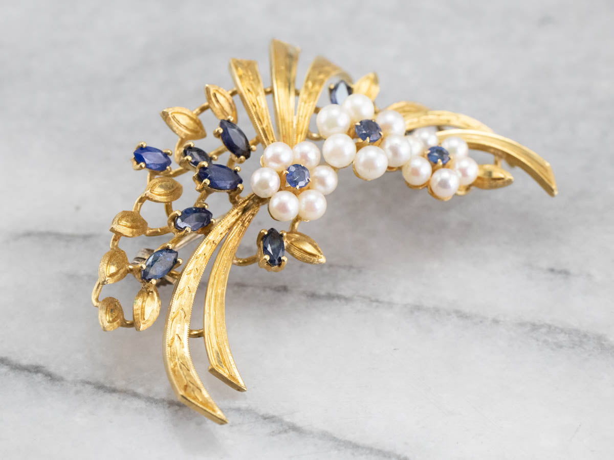 Vintage Gold Marquise Sapphire and Pearl Brooch