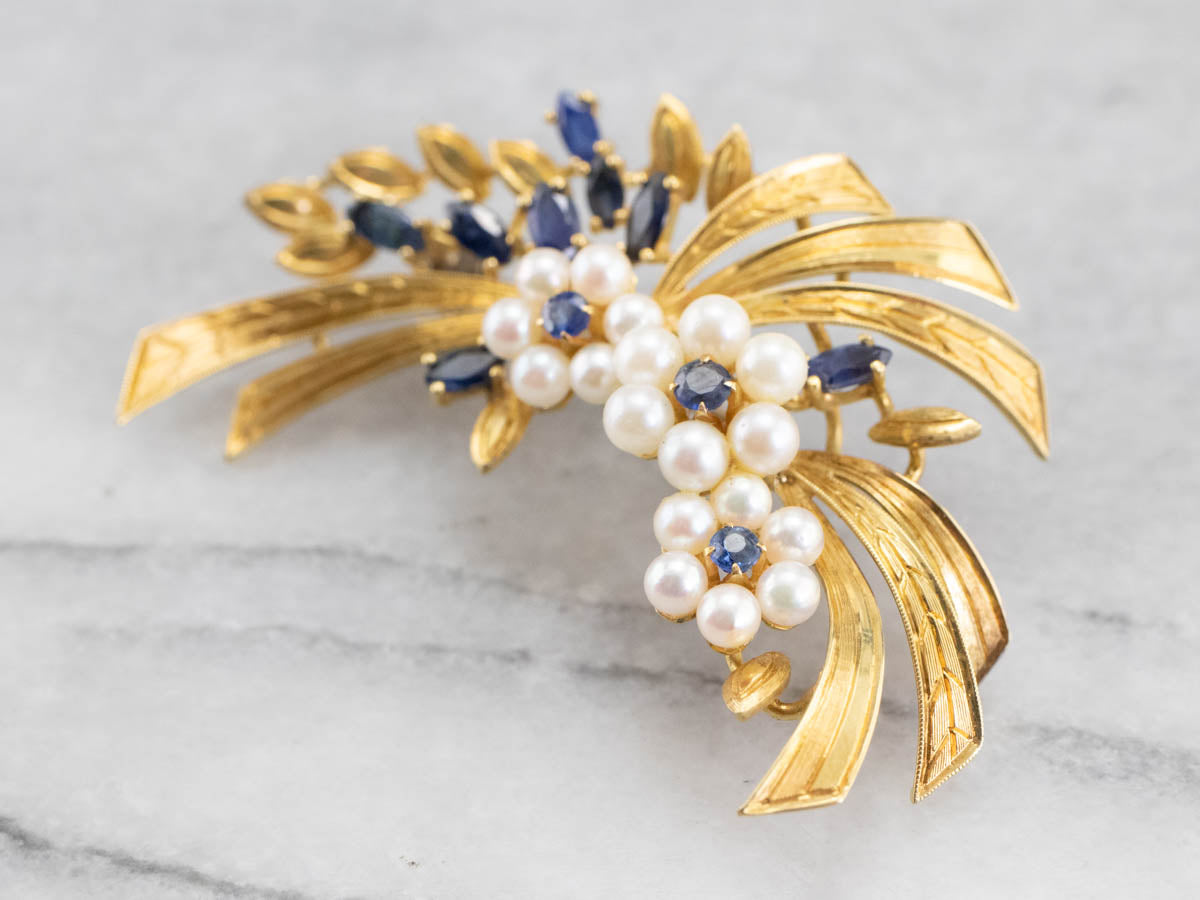 Vintage Gold Marquise Sapphire and Pearl Brooch