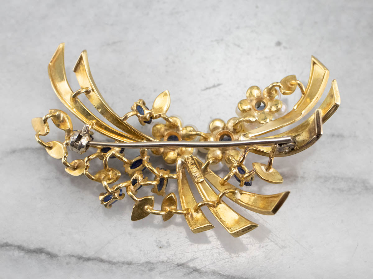 Vintage Gold Marquise Sapphire and Pearl Brooch