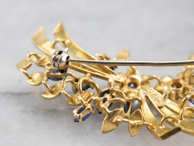 Vintage Gold Marquise Sapphire and Pearl Brooch