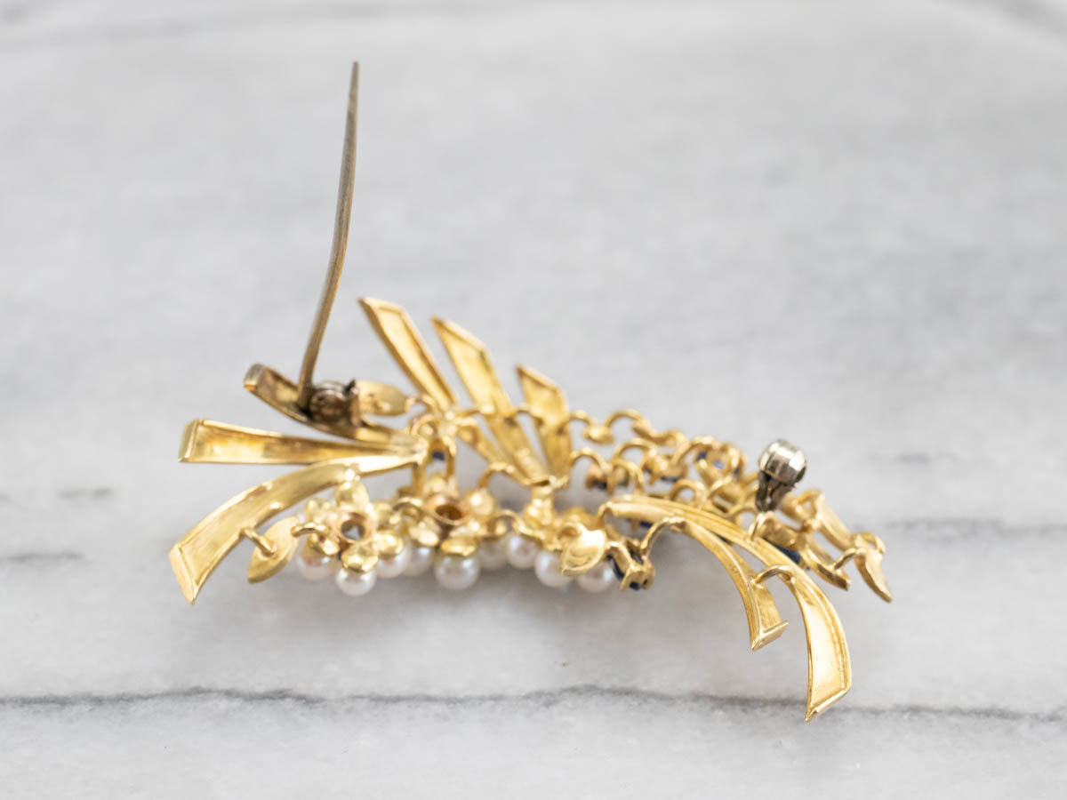 Vintage Gold Marquise Sapphire and Pearl Brooch