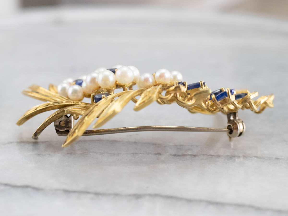 Vintage Gold Marquise Sapphire and Pearl Brooch