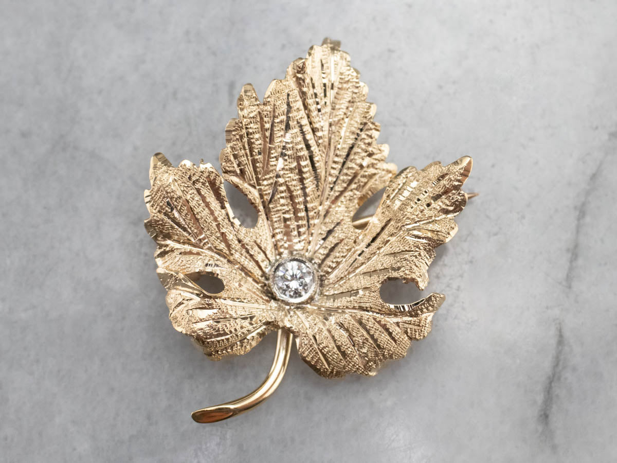Gold Diamond Grape Leaf Brooch