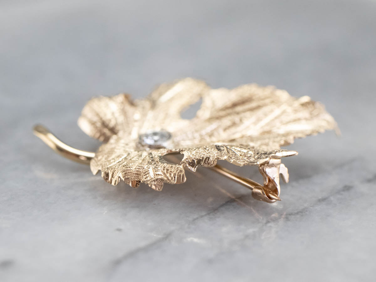 Gold Diamond Grape Leaf Brooch