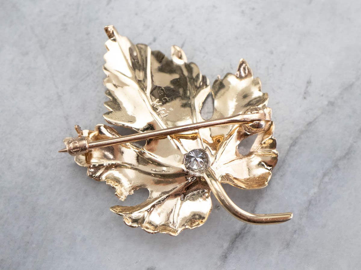 Gold Diamond Grape Leaf Brooch