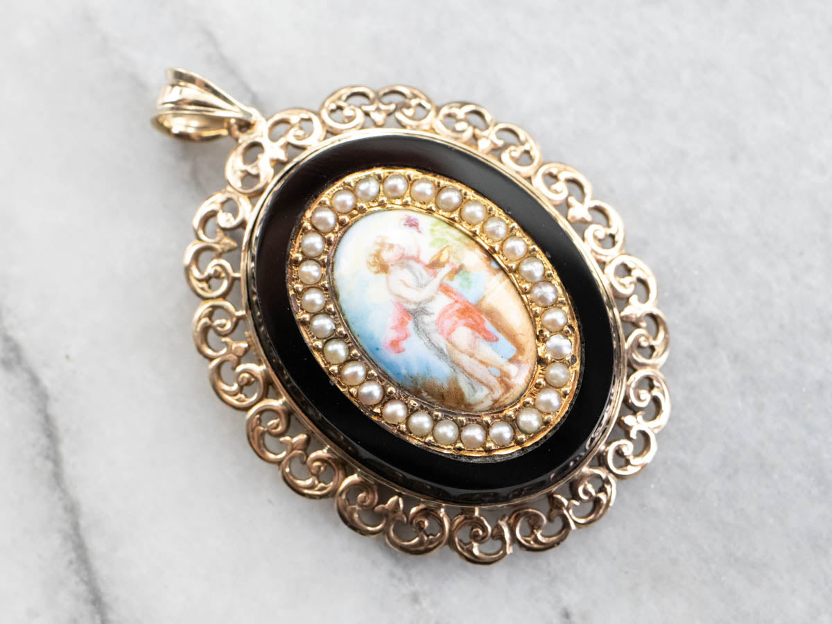 Ornate Painted Portrait Seed Pearl Onyx Filigree Pendant