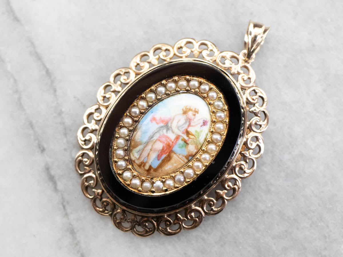 Ornate Painted Portrait Seed Pearl Onyx Filigree Pendant