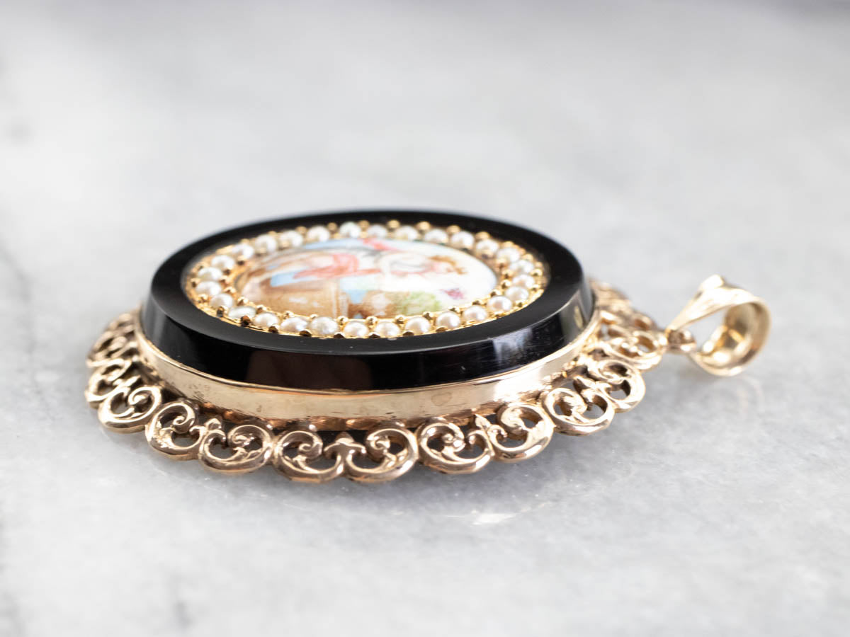 Ornate Painted Portrait Seed Pearl Onyx Filigree Pendant