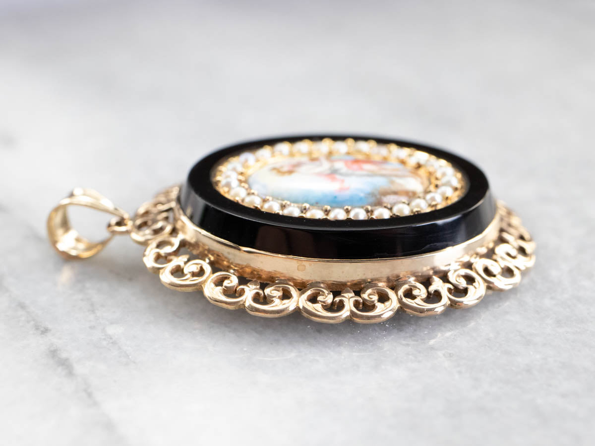 Ornate Painted Portrait Seed Pearl Onyx Filigree Pendant